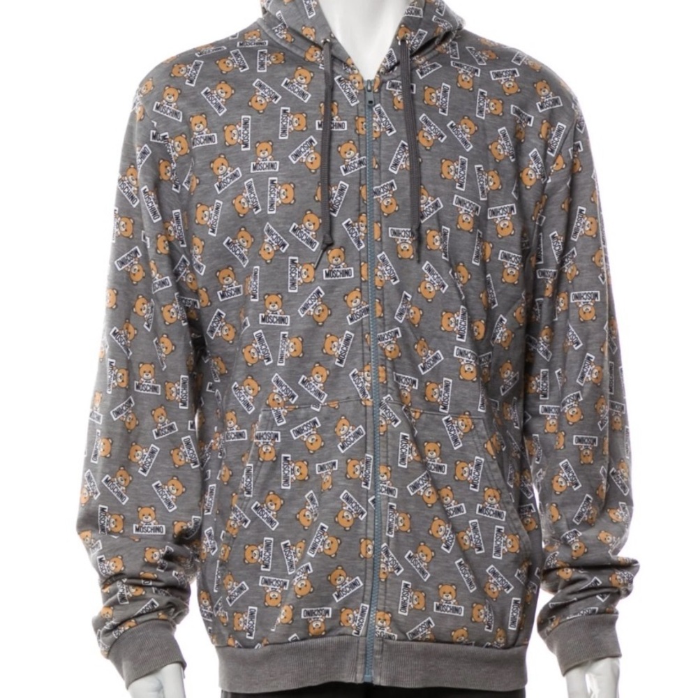 Moschino Men’s Gray Zip-Up Hoodie with Brown Teddy Bear Print, size small
